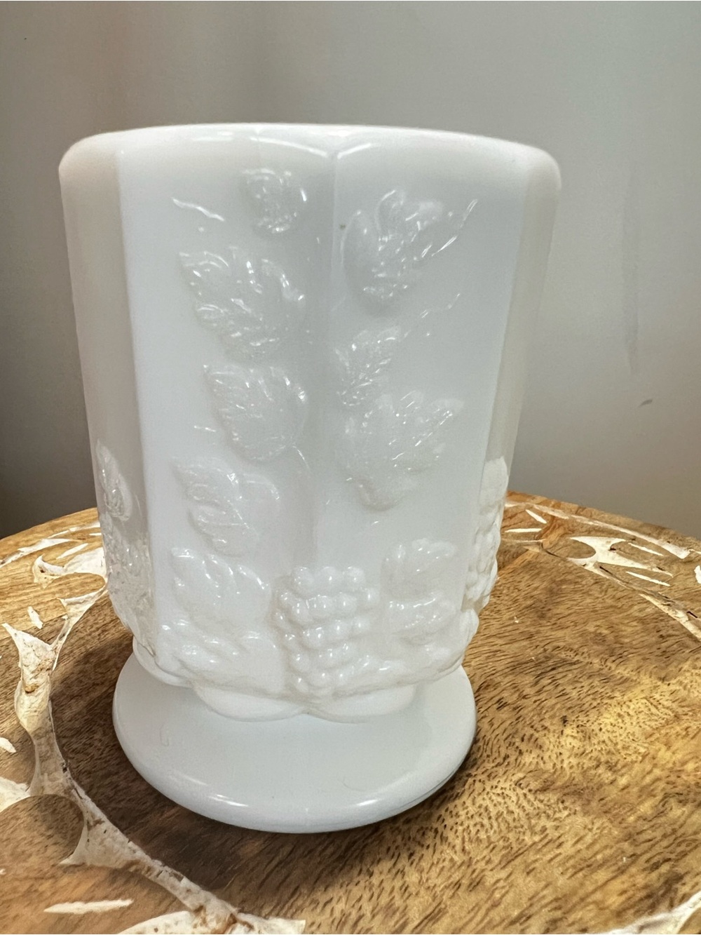 Westmoreland White Milk Glass Pedestal Vase with Grape & Leaf Relief
